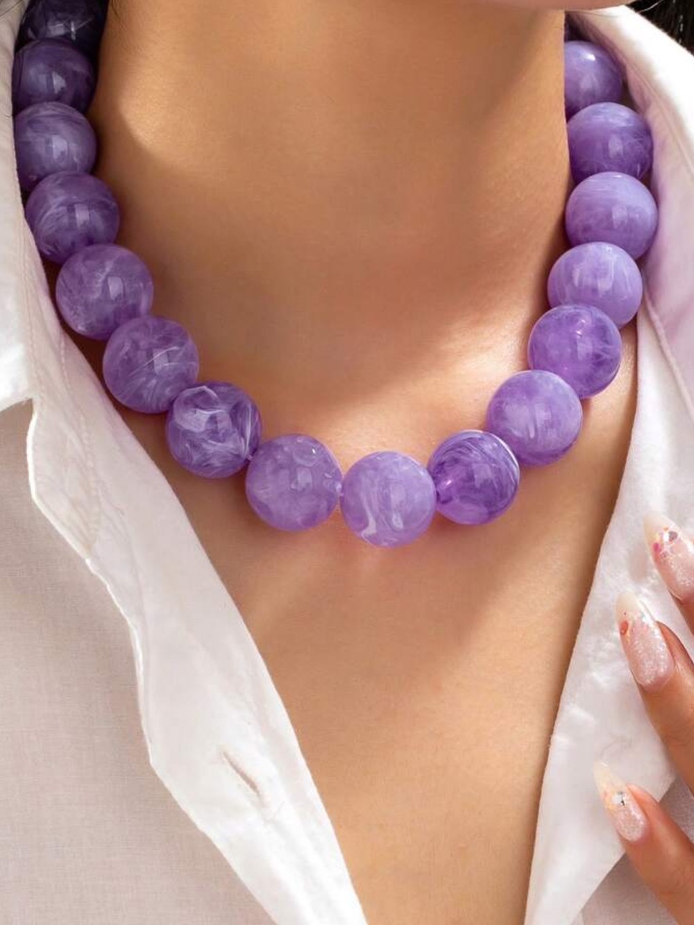 New! Purple Lilac Lavender Beaded Statement Dopamine Gumball Necklace
